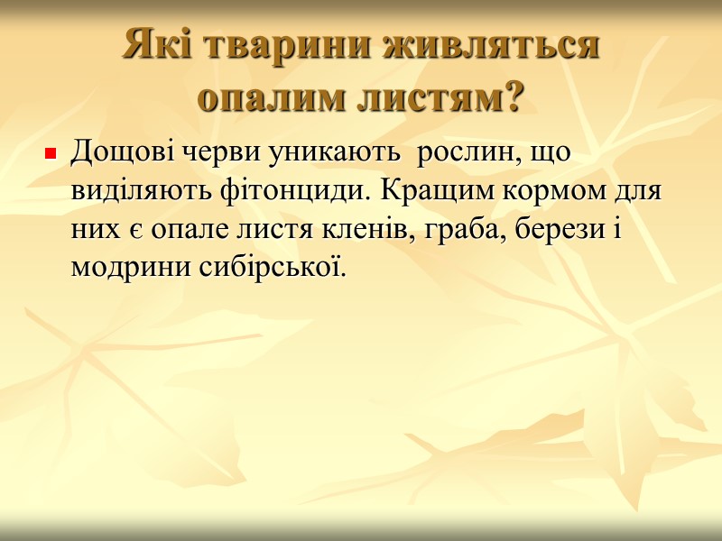 Які тварини живляться опалим листям? Дощові черви уникають  рослин, що виділяють фітонциди. Кращим